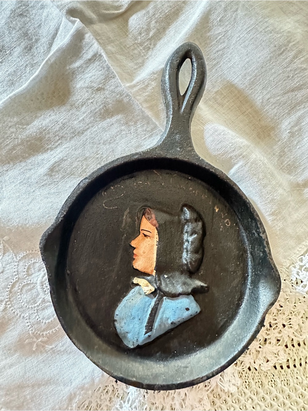 Vintage Gadzik Sales Cast Iron Mini Skillet Woman Folk Art Philadelphia